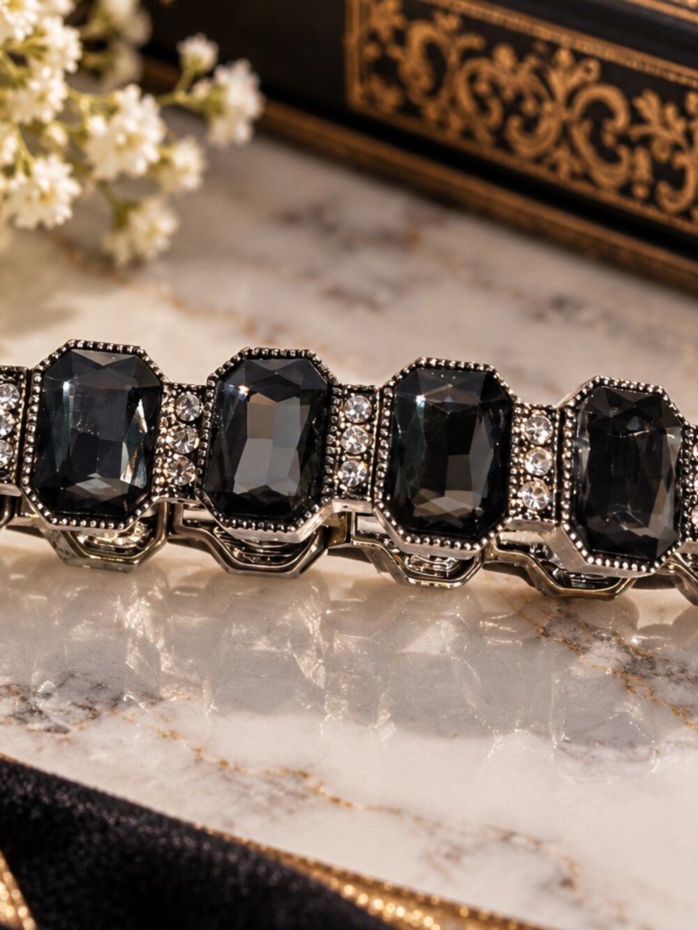 Vintage Style Charcoal Gemstone Stretch Bracelet - Hematite Tone Rhinestone Cuff